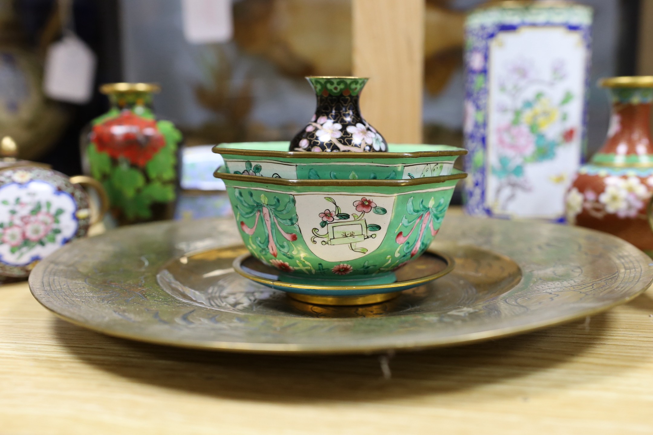 A group of Chinese cloisonné enamel and Guangzhou enamel vases, bowls and miniature tea pots together with a bronze dish, 27.5cm